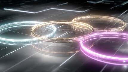 Fototapeta premium Glowing rings in shades of blue gold and pink on a dark surface with light reflections and lines design