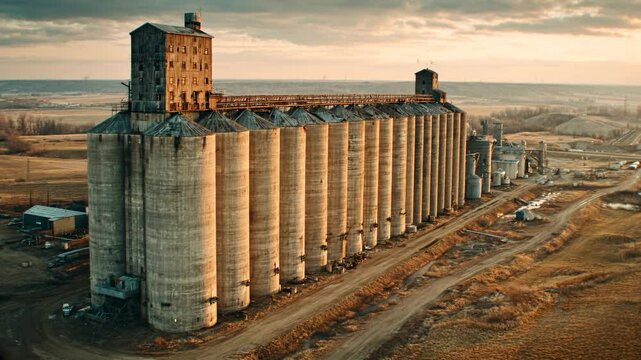 Vast Grain Elevators at Sunset: A majestic row of aged grain elevators stretches across the landscape, their weathered concrete structures silhouetted against a breathtaking sunset.
