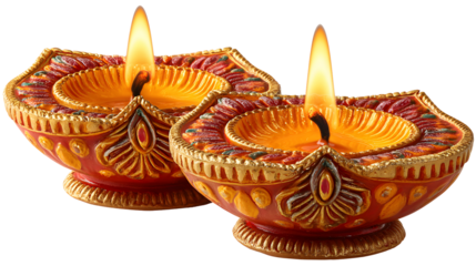 Two lit candles in a red and gold colored bowl