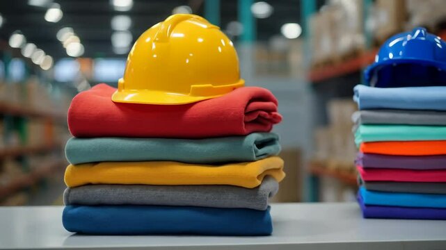 Stack of colorful folded work clothes with a hard hat on a warehouse counter, symbolizing safety and apparel logistics, 4K high resolution video