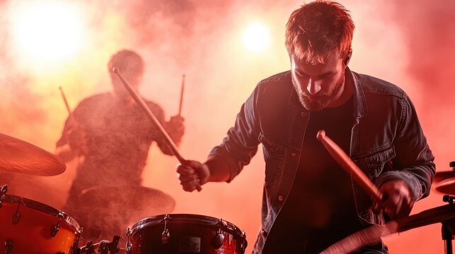 An intense drummer performs on stage in a dramatic light setting, capturing the passion and energy of live music with a blurred background of another musician creating a vibrant atmosphere.