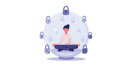 Meditation for digital security and peace of mind - conceptual illustration for online safety awareness campaign vector illustration