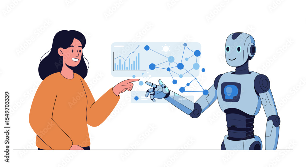 Poster human and robot collaborating on data analysis in futuristic technology setting vector illustration
