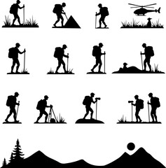 Naklejka premium Hikers Silhouette Standing on Mountain Peak vector