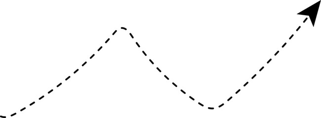 Dashed arrow moving in a straight line with angular zig-zag segments.