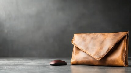 A beautifully crafted brown leather clutch bag elegantly placed beside a sleek computer mouse, showcasing contemporary design and functionality in a minimalistic setting.