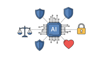 Artificial intelligence and cybersecurity concept for digital protection and technology ethics vector illustration