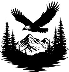 Fototapeta premium Eagle Flying Over Mountain and Forest Silhouette vector graphics