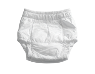 White disposable diaper isolated on white, essential baby product.