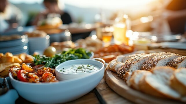 A picturesque outdoor dining scene featuring a variety of delicious dishes, fresh ingredients, and beautiful lighting, inviting friends and family to gather and enjoy together.