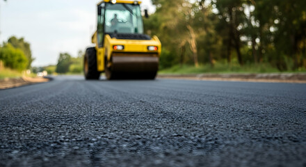 Fototapeta premium Road Construction Asphalt Roller Compactor New Highway Project Infrastructure Development