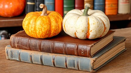 Two pumpkins, one orange and one white, sit atop vintage books on a wooden surface