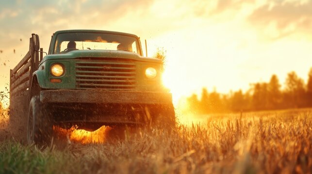 An antique truck kicking up dust as it drives through a sunlit field, capturing a nostalgic sense of rural life and the beauty of nature in motion.