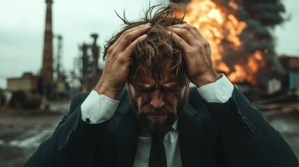 A man in a suit holding his head in despair against a backdrop of an industrial explosion, capturing intense emotion and the impact of disaster on personal and professional life.
