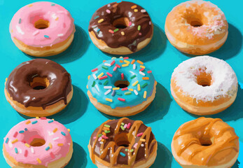 Delicious Assorted Donuts with Colorful Frosting and Toppings – High-Resolution Sweet Treat Collection