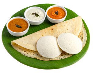 Angled View of Traditional South Indian Ghee Roast Dosa with Idlis and Chutneys on Banana Leaf Plate, Isolated on Transparent Background