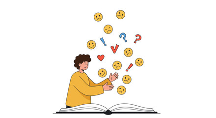 Expressive emotions and communication concept with open book and diverse symbols illustration vector illustration