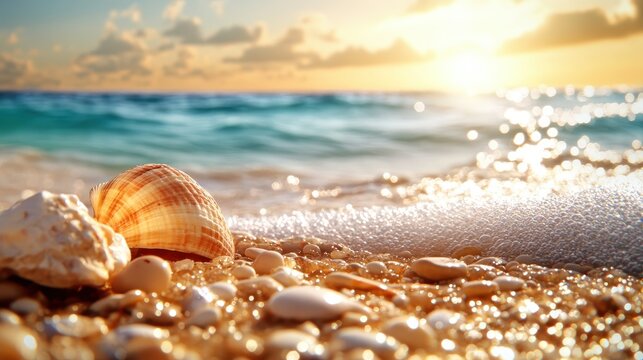 A beautiful seashell resting on the beach amidst glistening sea foam and soft sand captures the tranquility of nature and the essence of seaside beauty. - Powered by Adobe