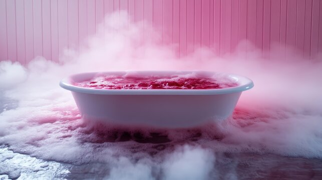 A vintage-style bathtub filled with pink water, surrounded by steam, creating an inviting atmosphere that embodies relaxation and a soothing escape from daily life.