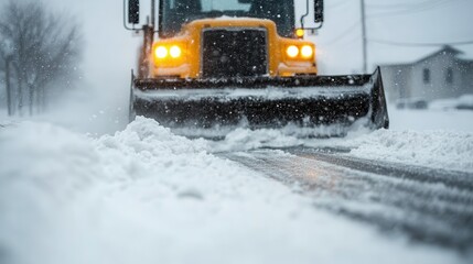 A snow plow clears the snowy road amidst a heavy snowfall, illustrating the battle against winter weather in a busy urban scene during a cold, icy day.