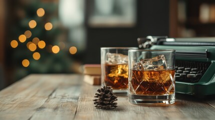 Warm whisky glasses sit on a rustic wooden table, surrounded by a festive atmosphere, evoking a cozy winter vibe perfect for reflective moments or creative writing.
