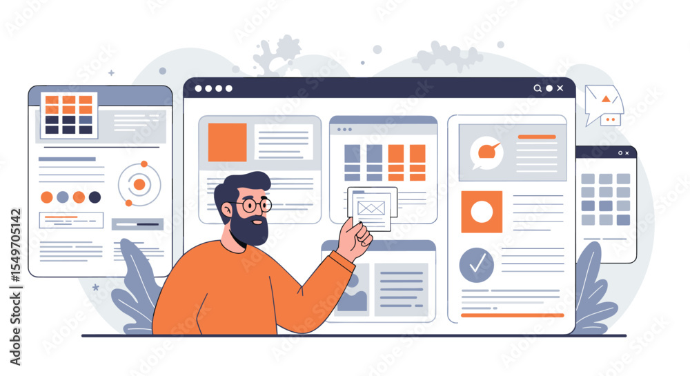 Poster web design and development concept with ui elements and designer creating interfaces vector illustra