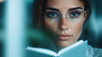 A focused young woman wearing glasses engrossed in reading a book, surrounded by gentle light, portraying a sense of calm, concentration, and intellectual curiosity.