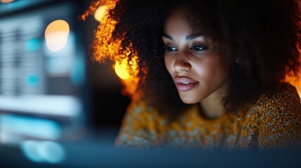 A focused young woman with curly hair engages deeply with a computer screen, highlighting the beauty of concentration and the modernity of digital endeavors in a cozy atmosphere.