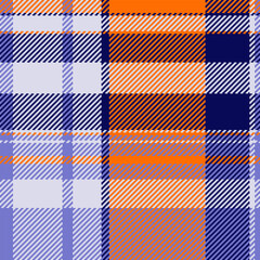Vibrant orange, blue, and purple plaid pattern.  Perfect for textile design, fashion, or website backgrounds. This seamless texture offers a bold, stylish aesthetic, conveying warmth and energy.