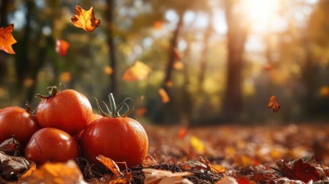 A vibrant assortment of fresh tomatoes rests among colorful autumn leaves, symbolizing the harvest season and showcasing nature's bountiful beauty in a scenic outdoor setting. - Powered by Adobe