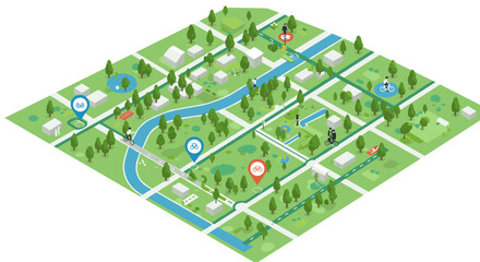 Urban bicycle-friendly city map illustration with parks and paths vector illustration