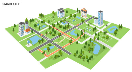 Isometric smart city concept with modern infrastructure and green spaces for urban design vector illustration