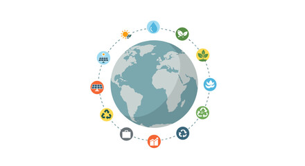 Environmental sustainability and renewable energy icons around the globe for eco-friendly design vector illustration