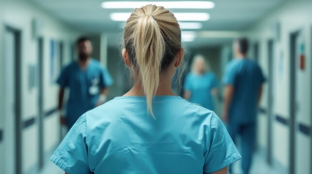 A group of healthcare professionals in scrubs walking through a busy hospital hallway, reflecting teamwork, dedication, and the fast-paced nature of medical care.
