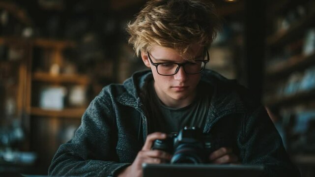 Contemplative Photographer with Camera: A young person, lost in thought, meticulously examines a digital camera, likely poised to capture a defining moment.