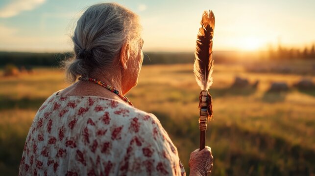 A thoughtful elderly woman holds a feather while gazing at a beautiful sunset, symbolizing wisdom, knowledge, and a deep connection to nature and spirituality.