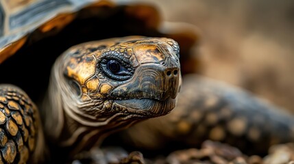 Fototapeta premium A close-up portrait of a tortoise, exhibiting curiosity and character, highlighting its intricate shell patterns amidst its natural environment.
