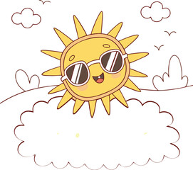 Fototapeta premium Here's a cheerful cartoon sun with a bright smile, radiating happy summer sunshine