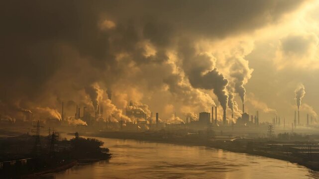 Air Pollution from Industrial Factories at Sunset
