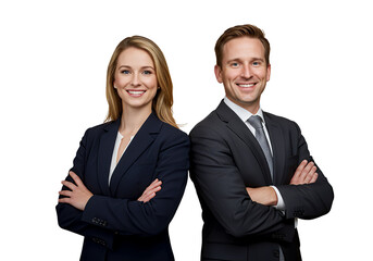 Two people in business attire smiling and crossing their arms, isolated 