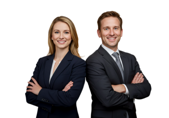 Two people in business attire smiling and crossing their arms, isolated 