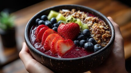 Acai bowl being garnished , overhead shot , in a beach cafe , natural layout , with bright tropical light