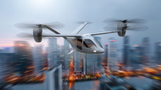 Futuristic VTOL aircraft launching from urban rooftop with softly blurred cityscape below