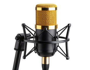  Front View of Vintage Gold and Black Studio Microphone on Stand, Isolated on Transparent Background