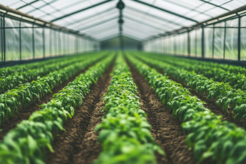 Rows of basil plants growing in a greenhouse