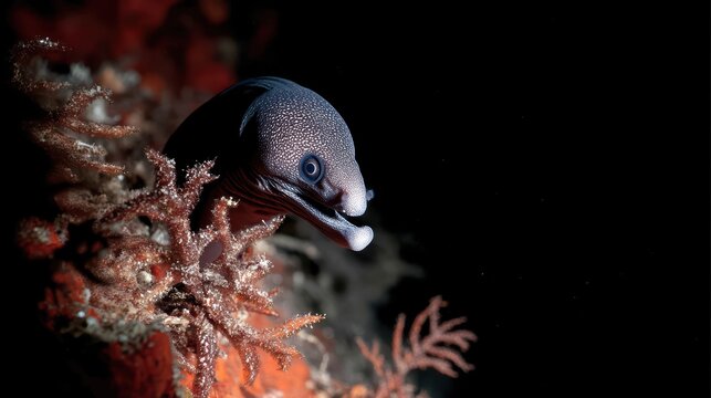 Ghostly gulper eel emerging from deep-sea trench with softly blurred dark volcanic rock background