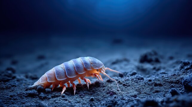 Giant isopod crawling across muddy seafloor in softly blurred hadal trench scene under dim light