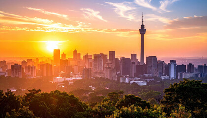 Dramatic dawn over Johannesburg skyline with prominent high rise buildings