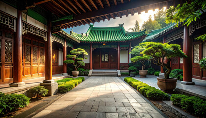 serene Chinese courtyard featuring traditional architecture and lush greenery