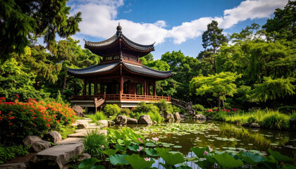 Fototapeta premium serene garden featuring traditional architecture, lush greenery, and tranquil pond